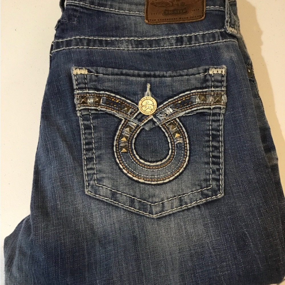 Big Star Women's Distressed Blue Denim Jeans with Embellishment Pocket